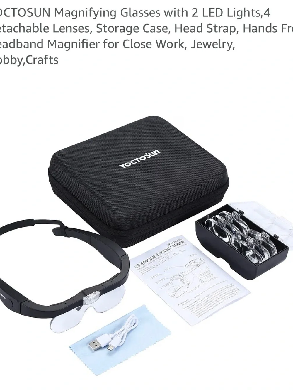 Black Hands-Free Headband Magnifier with LED Lights and 4 Detachable Lenses